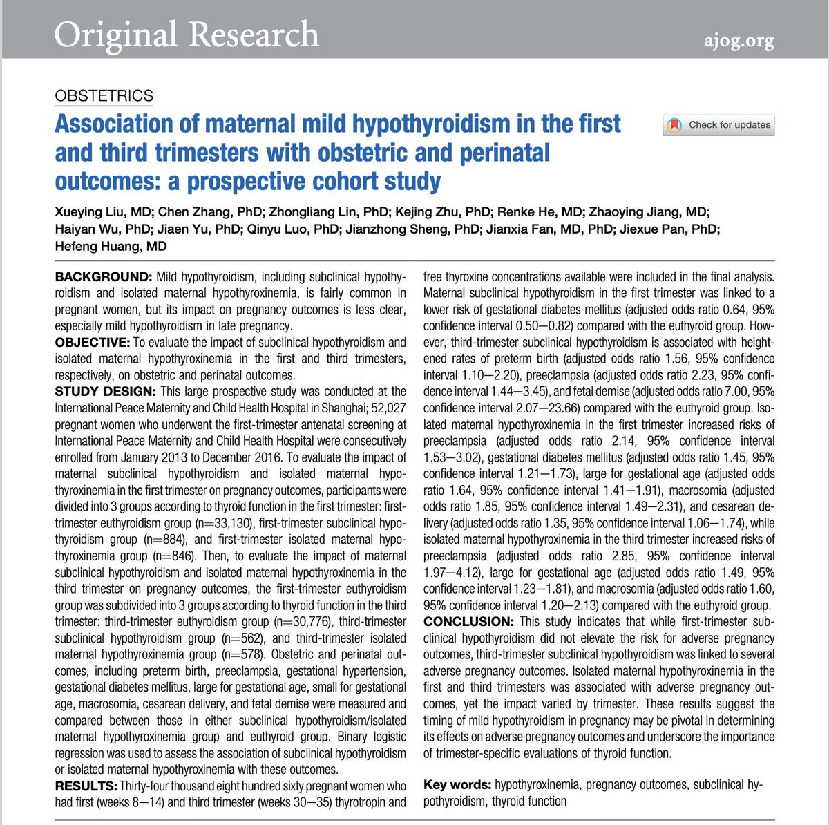 Association of maternal mild hypothyroidism in the first and third trimesters with obstetric and perinatal outcomes: a prospective cohort study ow.ly/Fg0L50VQTH1