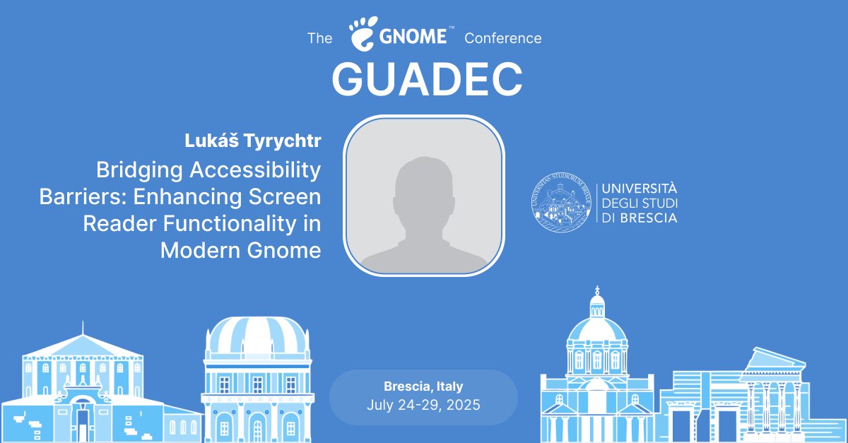 📣 "Bridging Accessibility Barriers"
with Lukáš Tyrychtr at #GUADEC2025
📅 24 July 🕒 10:00 CEST 📍 Brescia

🧑‍🦯Making screen readers work on modern GNOME (Wayland + GTK 4) and pushing toward real accessibility.

🔗  events.gnome.org/event/259/cont…

#Linux #GTK4 #Accessibility