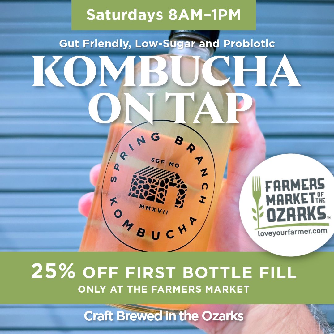 Kombucha on tap every Saturday!

🎉 First-time? Get 25% off your first bottle fill!
Only at Farmer’s Market of the Ozarks.

Bring your bottle—or grab one from us—and enjoy delicious, small-batch kombucha. 🍃

#kombuchaontap #farmersmarketoftheozarks #sgf #ozarks