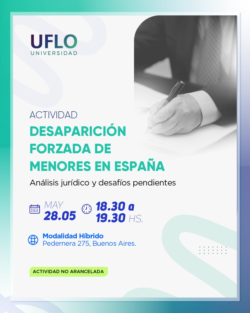 📌 ¿Hay justicia para los casos de desaparición forzada de menores en España?
El 28/5 a las 18.30 hs, en UFLO, conversatorio con Mikel Lizarraga Rada y María Jimena Monsalve.
📲 Inscripción: tinyurl.com/4duu8rfz
#DerechosHumanos #UFLO