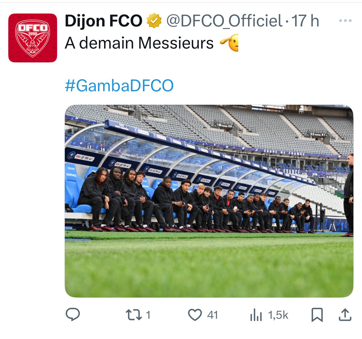 Il y aura au moins 1 Bergeracois aujourd'hui au Stade de France!Affectueuses pensées <a href="/fauvel_paul/">Fauvel Paul</a> qui boucle sa première saison - plus que prometteuse - au Stade de France avec les jeunes du <a href="/DFCO_Officiel/">Dijon FCO</a> qui ont réussi l'exploit de se qualifier pour la finale <a href="/GambardellaFFF/">Coupe Gambardella - Crédit Agricole</a> 👍