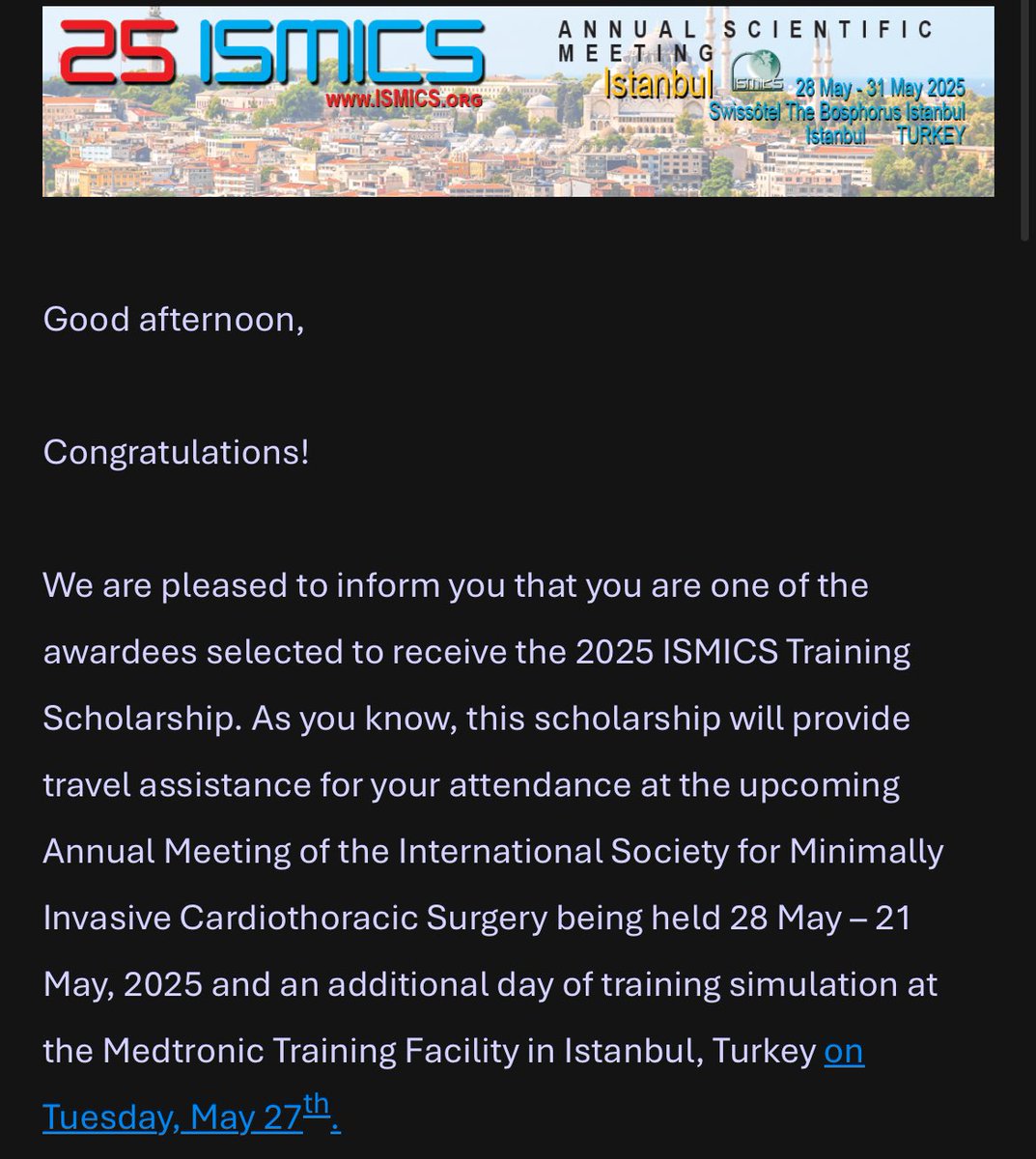 YoussefShahinMD's tweet photo. I am honored to be a recipient of the 2025 ISMICS training scholarship. Can’t wait to take part in this great event, rubbing shoulders with world class surgeons. See you on Tuesday!
@ISMICS https://t.co/82m0BKKGQa