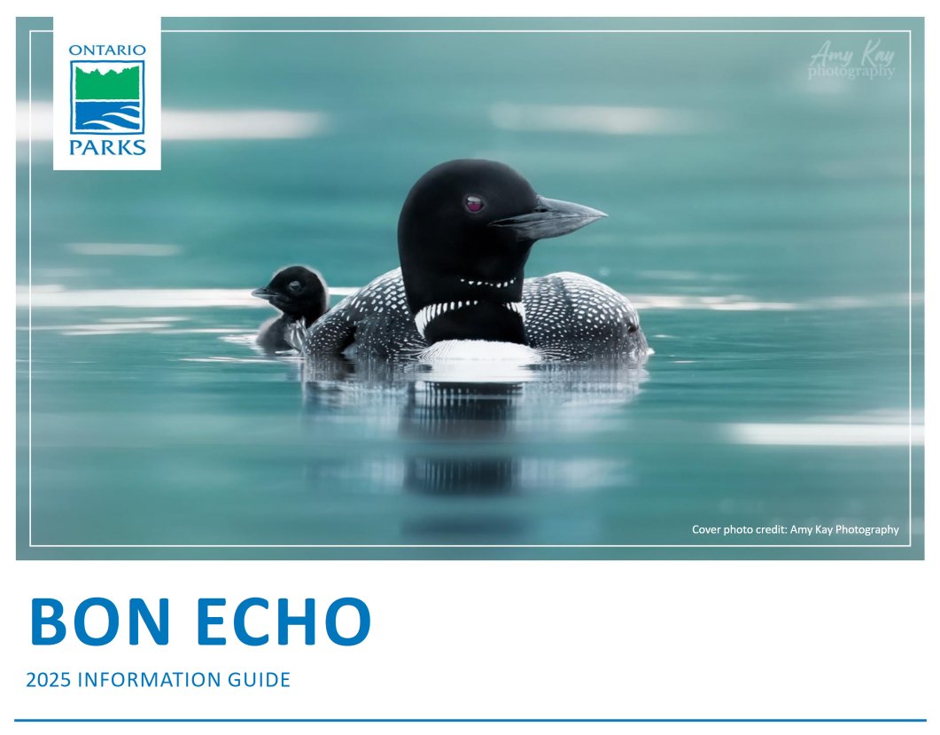 Bon Echo's 2025 Information Guide is now available to park visitors! It features lots of great content including: 

ℹ️ Campground information 
🗺️ Park maps 
📢 Park events
⚠️ Rules and regulations 

Pick up your copy at the Main Gatehouse and explore the park today!