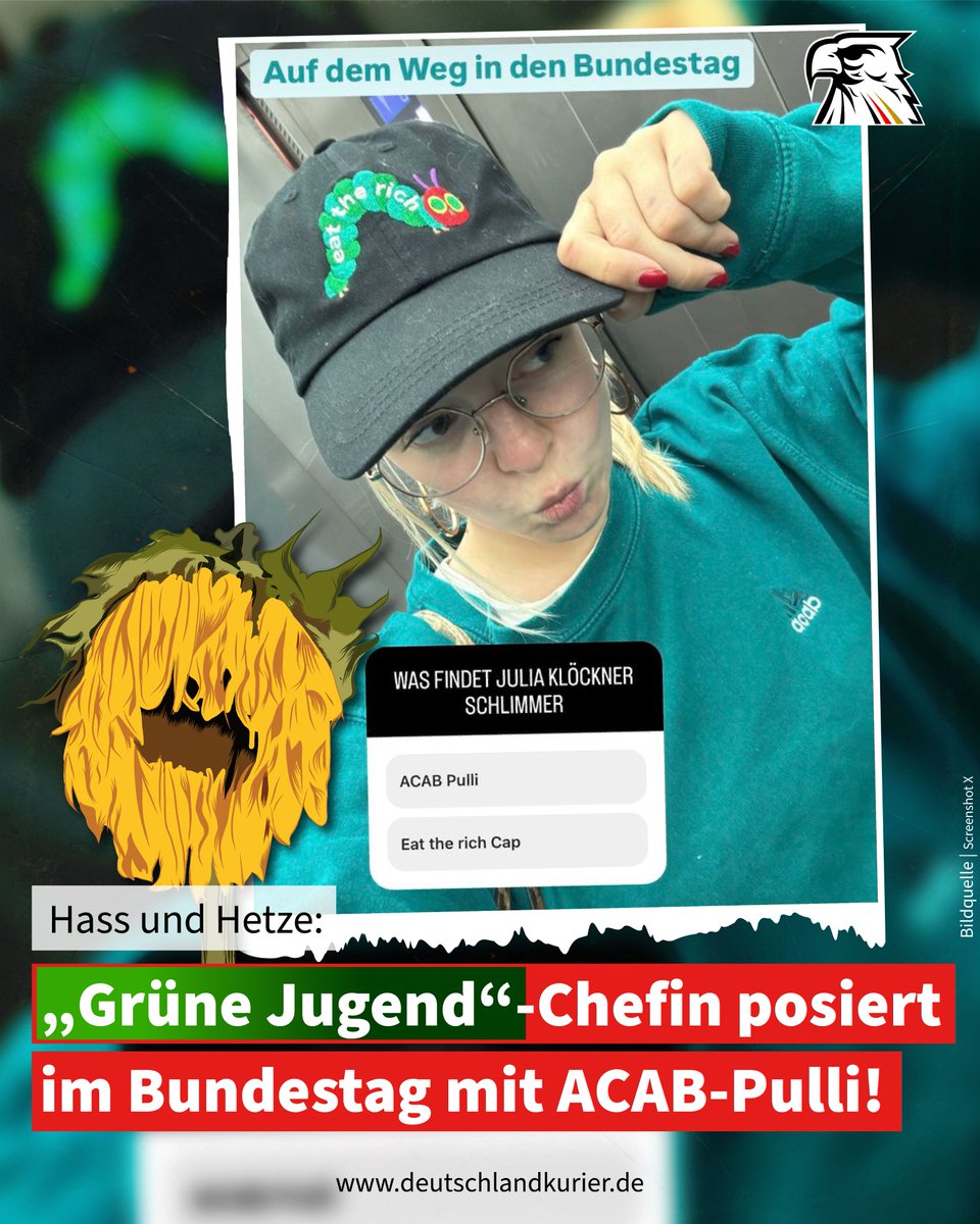 Deu_Kurier's tweet photo. Hass und Hetze: „Grüne Jugend“-Chefin posiert im Bundestag mit ACAB-Pulli!

Die mit 26 Jahren nicht mehr ganz so jugendliche Bundessprecherin der „Grünen Jugend“, Jette Nietzard, hat sich auf ihrem Instagram-Profil mit einem Pullover inszeniert, auf dem die Aufschrift „ACAB“ zu lesen ist. Dies ist bekanntlich die Abkürzung für den englischen Ausruf „All Cops are Bastards“, also „Alle Bullen sind Bastarde“ – ein Schlachtruf, der immer wieder von Linksextremisten skandiert wird und in direkter Verbindung zu Gewalt gegen Polizeibeamte steht.

Dazu trug Nietzard im Reichstagsgebäude (!) eine Kappe mit der Aufschrift „Eat the Rich“ – ebenfalls eine bei der radikalen Linken beliebte Parole. Einen Kommentar der sonst mit Kommentierungen so fixen Bundestagspräsidentin Julia Klöckner (CDU) gab es bislang nicht.

Tja, und morgen beklagen sich die verlogenen „Grünen“ wieder laut über die „Spaltung der Gesellschaft“ sowie „Hass & Hetze“!