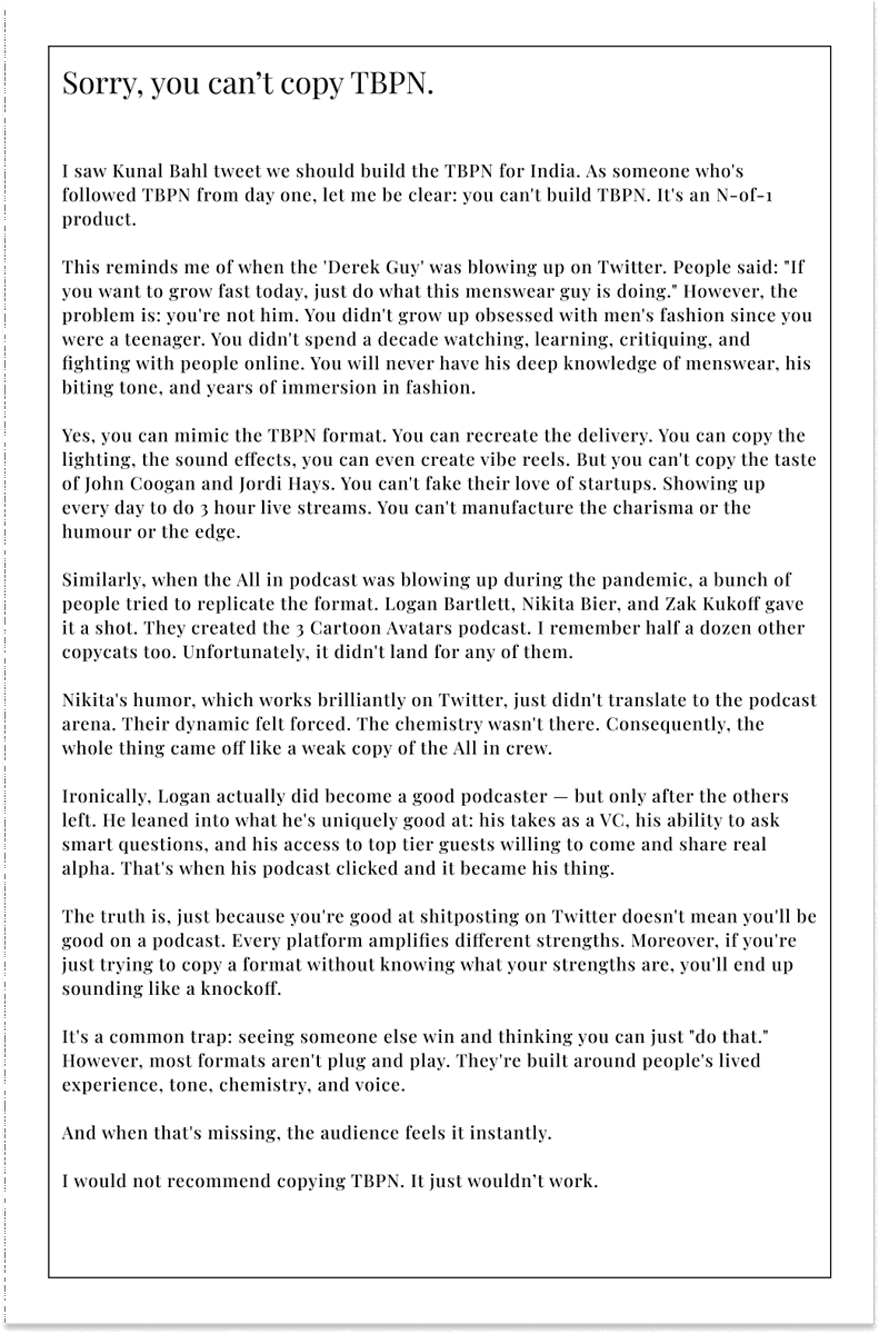 Please don't copy TBPN.