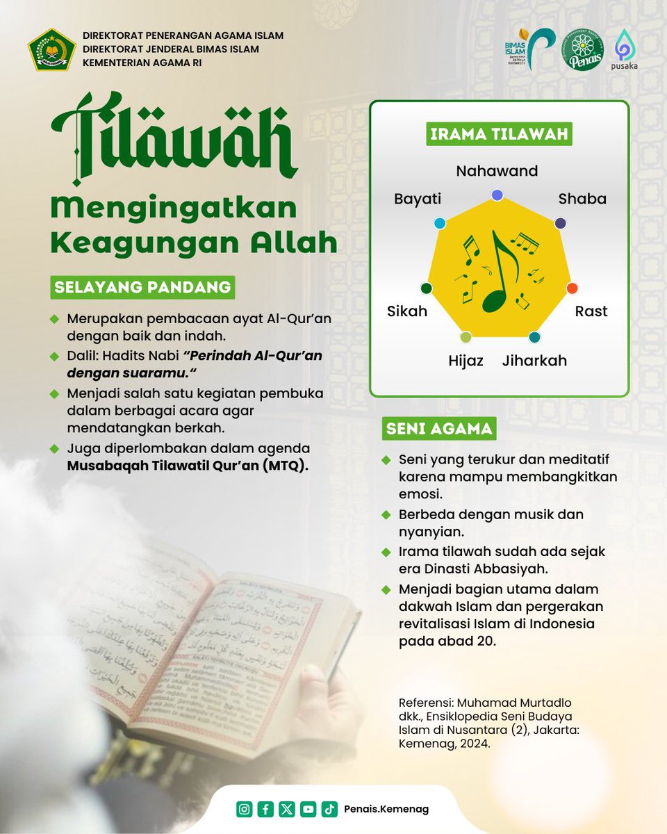 Tilawah bukan hanya sekadar membaca, tapi juga menjadi bentuk seni agama yang penuh makna dan spiritualitas.

Jadi, kalau #SahabatPenais ingin lebih dalam memahami seni membaca Al-Qur’an, yuk mulai pelajari dan praktikkan tilawah sejak sekarang.

#tilawah #alquran #sahabatpenais