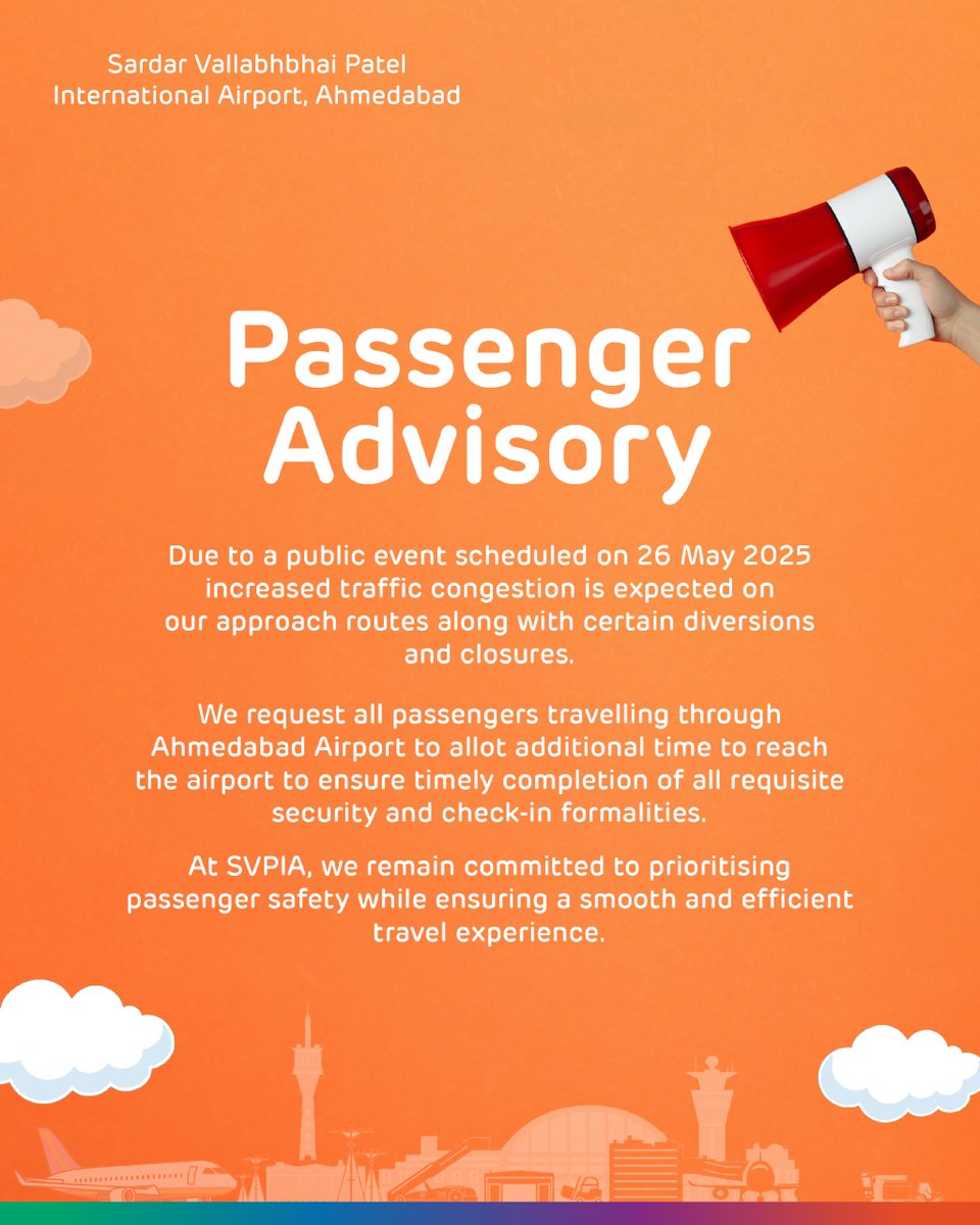 In view of a public event on 26 May 2025 and anticipated traffic congestion on approach roads, passengers may experience delays en route to the airport. We recommend arriving well in advance to allow sufficient time for all check-in and security procedures.

Thank you for your