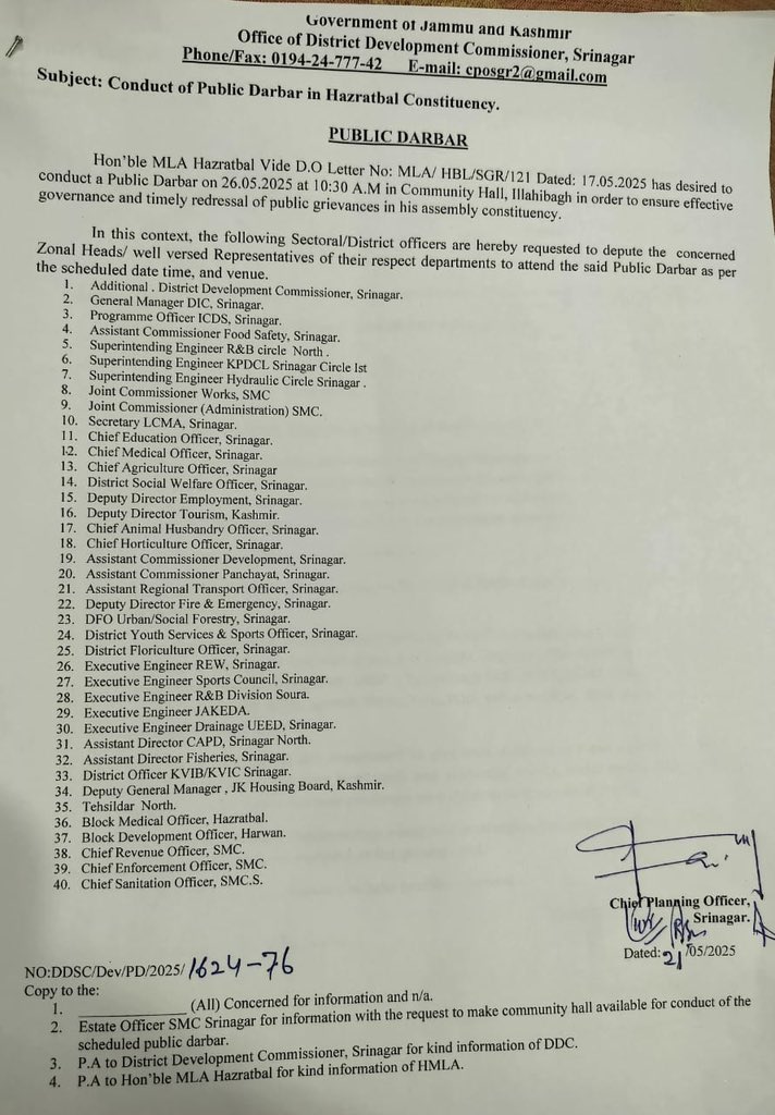 Mohammad Irfan Zehgeer (@irfanzehgeer) on Twitter photo List of District Officers deputed for the āPublic Darbarā to be held at Ellahi Bagh Community Hall on Monday. The Darbar will be chaired by the Honāble MLA Hazratbal Mr. Salman Ali Sagar. (<a href="/salmanalisagar/">Salman Sagar</a>) List of District Officers deputed for the āPublic Darbarā to be held at Ellahi Bagh Community Hall on Monday. The Darbar will be chaired by the Honāble MLA Hazratbal Mr. Salman Ali Sagar. (<a href="/salmanalisagar/">Salman Sagar</a>)