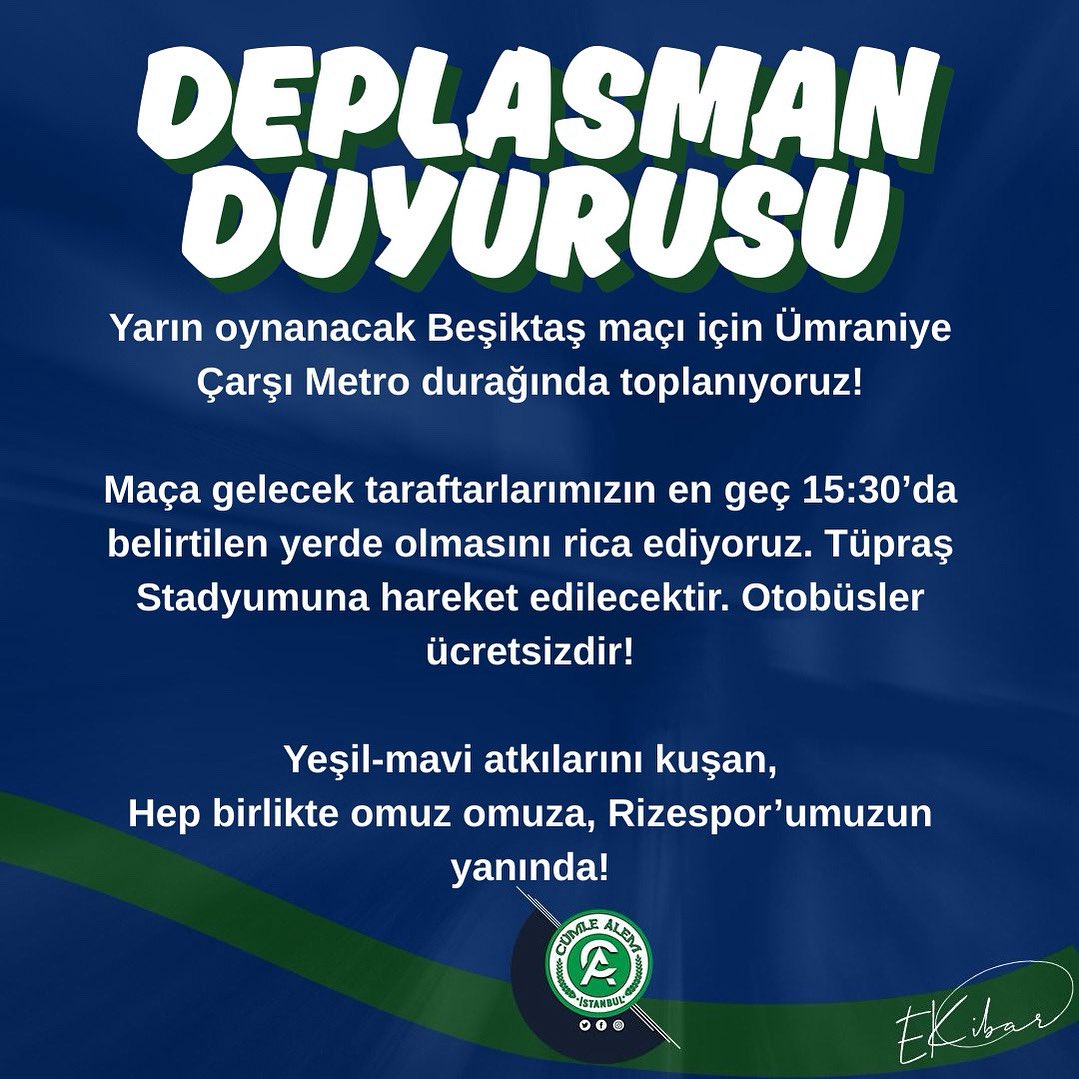 caist34's tweet photo. 📣 Yarın oynanacak Beşiktaş maçı için Ümraniye Çarşı Metro durağında toplanıyoruz!

Maça gelecek taraftarlarımızın en geç 15:30’da belirtilen yerde olmasını rica ediyoruz. Tüpraş Stadyumuna hareket edilecektir. Otobüsler ücretsizdir!

Yeşil-mavi atkılarla
Hep birlikte omuz omuza. https://t.co/SSmhHgqmi2
