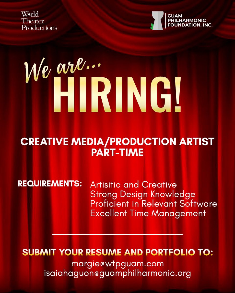 GuPhilharmonic's tweet photo. We’re looking for a talented creative media/production artist to join our team! ✨

If you're interested in this opportunity, email your resume and portfolio to margie@wtpguam.com and isaiahaguon@guamphilharmonic.org. https://t.co/5cUoIfgmM3
