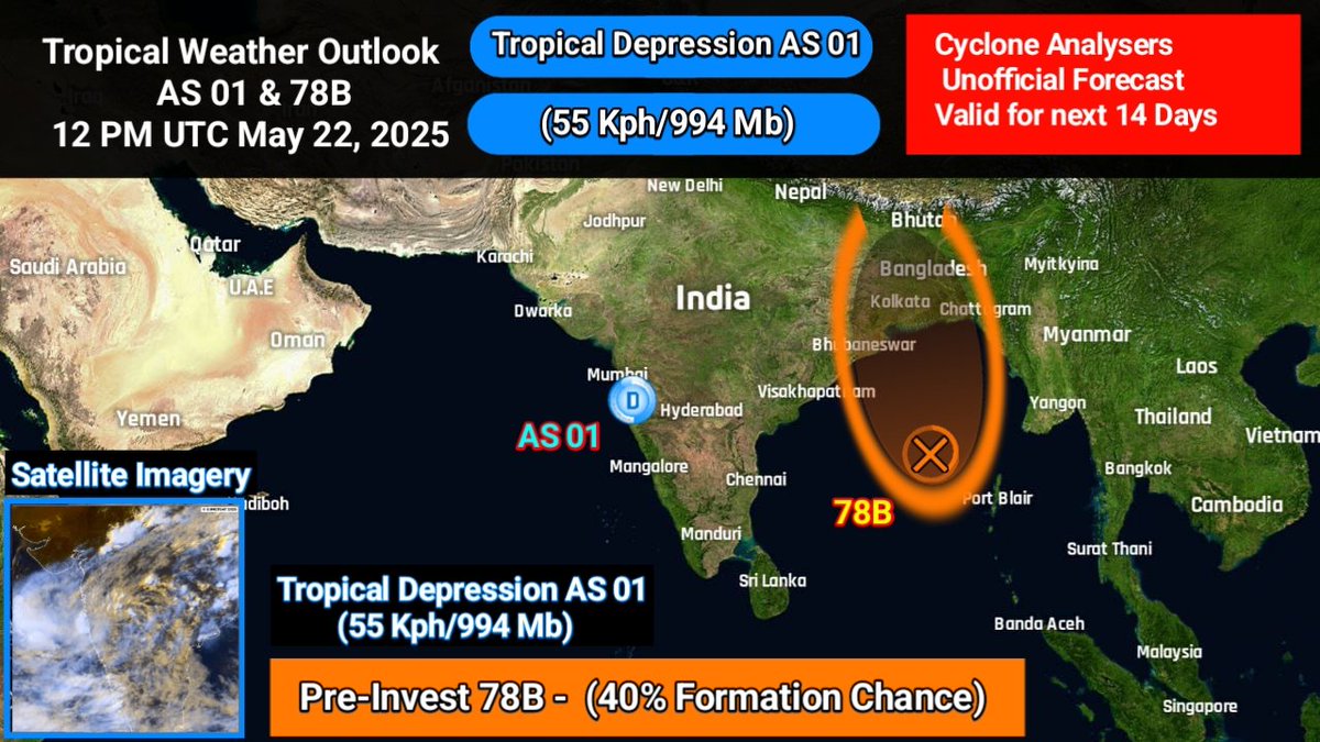 CycloneAnalyser's tweet photo. #TWO
Tropical #Depression 93A has become the first #cyclone officially in the northern hemisphere after the @Indiametdept designated it as #AS01 this morning.This caused the advancement of the #monsoon over #Kerala nearly 1 week prior, after 2009. It might emerge in Bay next week https://t.co/ncdw6s9Oke