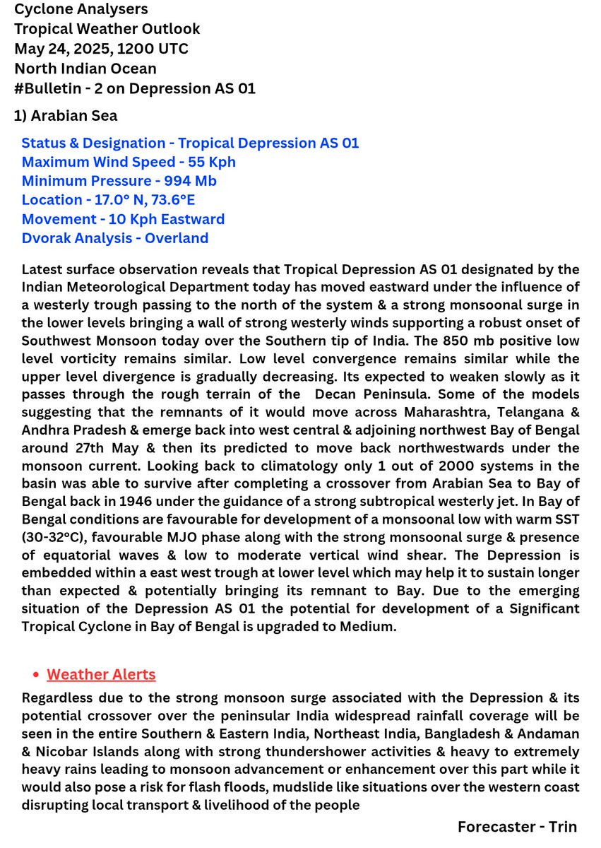 CycloneAnalyser's tweet photo. #TWO
Tropical #Depression 93A has become the first #cyclone officially in the northern hemisphere after the @Indiametdept designated it as #AS01 this morning.This caused the advancement of the #monsoon over #Kerala nearly 1 week prior, after 2009. It might emerge in Bay next week https://t.co/ncdw6s9Oke