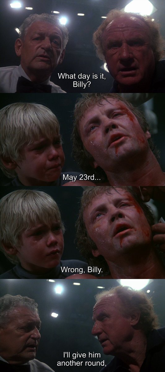 May 24th 1979 - Billy Flynn's final fight. Between rounds, the referee checks on Billy and asks him the date. He gets the date wrong by saying 23rd, but gets the day (Thursday) and the venue correct, so the referee lets him continue.

📽️📅 The Champ (1979)