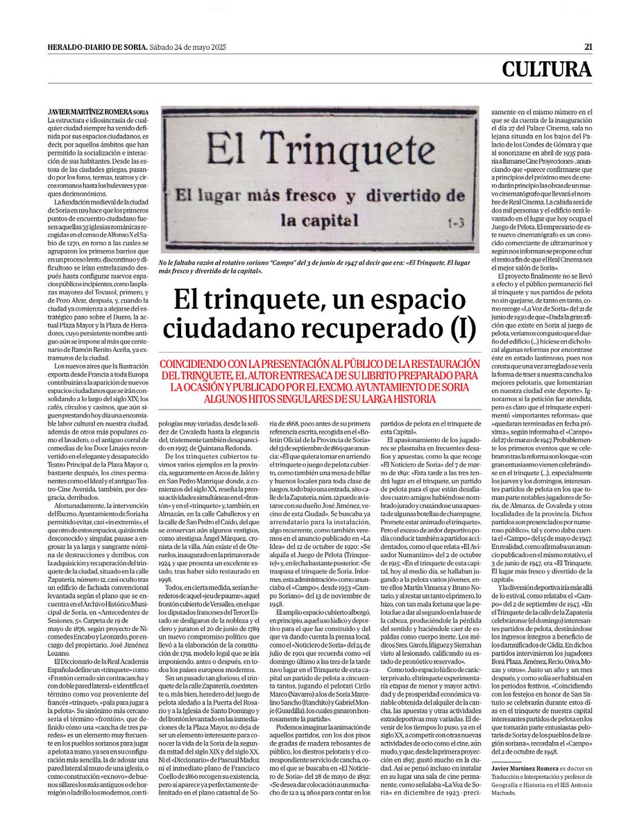 Primera entrega sobre la recuperación para la ciudad de Soria del Trinquete de nuestro compañero y amigo Javier Martínez Romera, en <a href="/diariodesoria/">Heraldo Diario de Soria</a> 
Una intervención modélica del <a href="/Ayto_Soria/">Ayuntamiento de Soria</a>