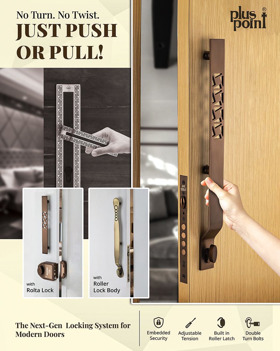 HardwareSamachr's tweet image. Modern doors deserve modern locks. Introducing the Push-Pull Lock Set by @pluspointlocks - where convenience meets security!
#PlusPoint #PlusPointLocks #PushPullLock #NextGenLock #ModernDoors #SmartSecurity #HomeSecurity #DoorLocks #HomeImprovement #SecuritySolutions