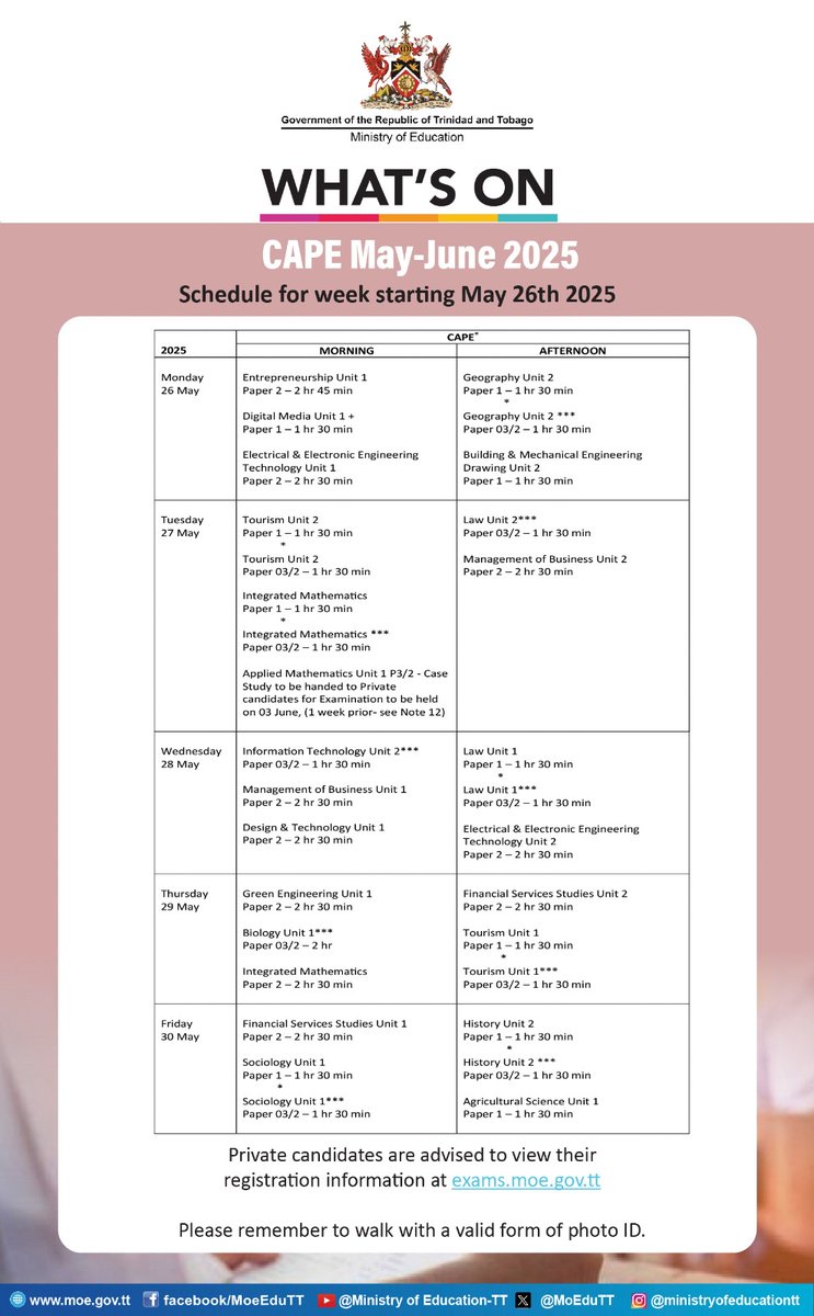 MoEduTT's tweet photo. ❗️📢 Don't miss your exam 📢❗
️
CSEC & CAPE May/June 2025
🗓 Schedule for week starting May 26th 2025
Private candidates are advised to view their registration information at https://t.co/Kh9CYcNceu
📌 Please remember to walk with a valid form of photo ID.
#CXC #CSEC #Exams https://t.co/Lrq6WlNJTL