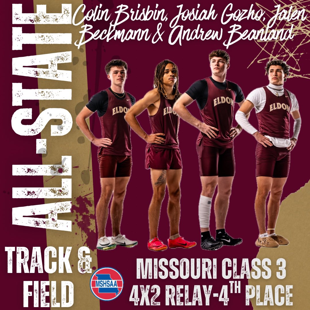 Congratulations to Boys 4x200 meter relay team of Colin Brisbin, Josiah Gozho, Jalen Beckmann &amp; Andrew Beanland for taking 4th place at the 2025 MSHSAA State Track and Field meet! They ran a 1:28:27 to earn all-state honors! #MustangMade