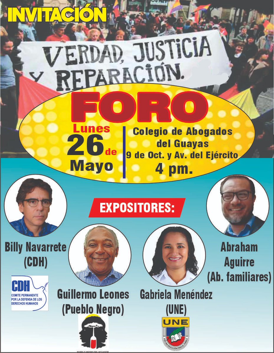 Este lunes a las 4pm en el <a href="/CAG_GYE/">ColegioDeAbogadosGYE</a> importante conversación con representantes de Pueblo Negro, <a href="/CDHGYE/">CDH.GYE</a> y el Dr. Abraham Aguirre, abogado de las familias de Josué, Ismael, Nehemías y Steven