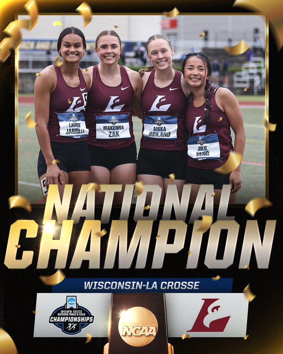NCAA Division III (@ncaadiii) on Twitter photo Record SNAPPED 🏆
<a href="/UWLAthletics/">UWL Athletics</a> claims the women's 4x100m relay title with a Division III record time of 45.20!
#WhyD3 | #D3tf Record SNAPPED 🏆
<a href="/UWLAthletics/">UWL Athletics</a> claims the women's 4x100m relay title with a Division III record time of 45.20!
#WhyD3 | #D3tf