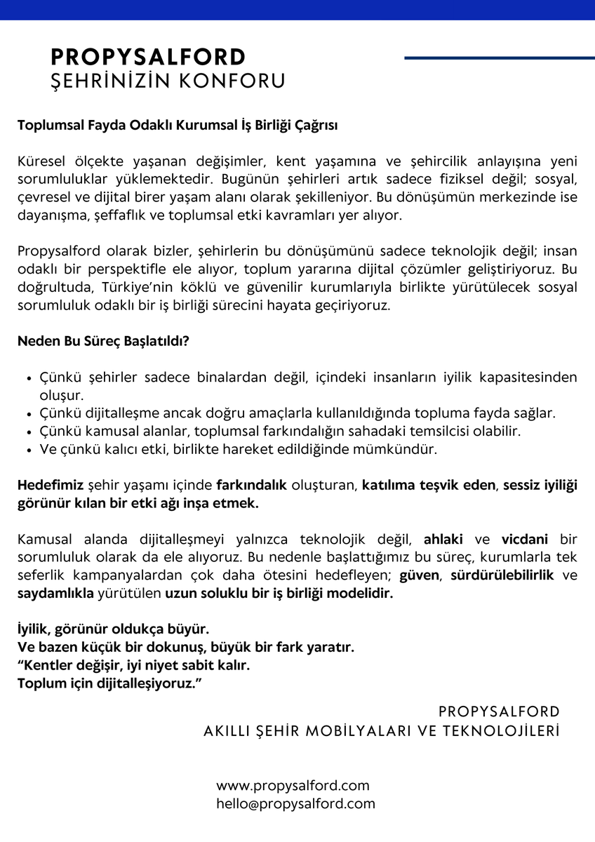 İyilik ve bilgi sokakta görünür olursa çoğalır.

Türkiye'de sosyal faydayı şehir hayatının bir parçası haline getirmek için başlattığımız süreci kamuoyuna sunuyoruz. 26.05.2025 tarihinde görüşmelerimiz başlıyor.

📄 Detaylar görselde.