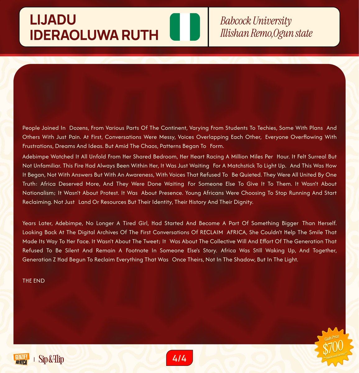 genzifyafrica's tweet photo. 4. LIJADU IDERAOLUWA RUTH, Babcock University. https://t.co/DjHsDZqb4S
