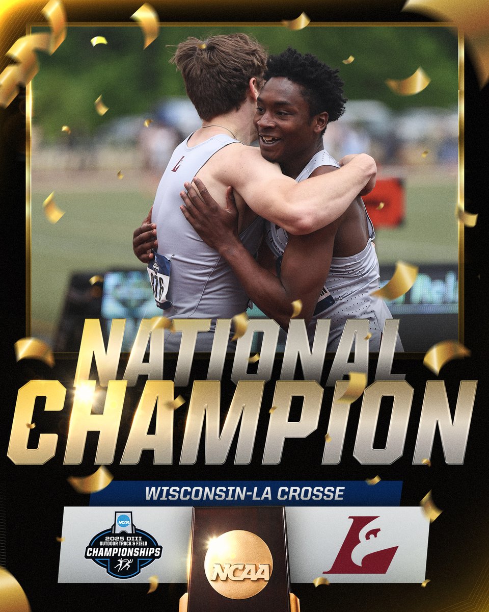 NCAA Division III (@ncaadiii) on Twitter photo NATIONAL CHAMPIONS🏆
<a href="/UWLAthletics/">UWL Athletics</a> claims the men's 4x100m relay title with a championship record time of 39.66!
#WhyD3 | #D3tf NATIONAL CHAMPIONS🏆
<a href="/UWLAthletics/">UWL Athletics</a> claims the men's 4x100m relay title with a championship record time of 39.66!
#WhyD3 | #D3tf