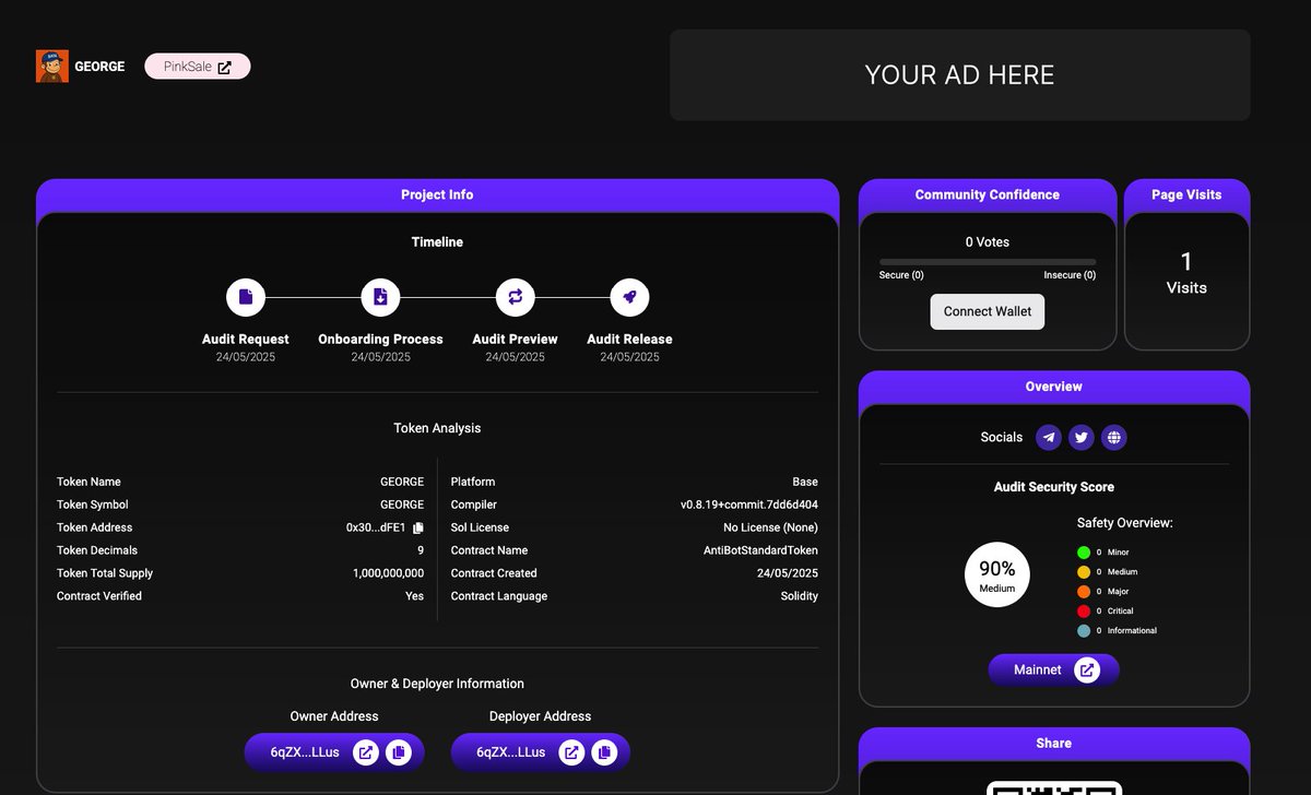 Analytix Audit (@analytixa) on Twitter photo We are proud to announce that <a href="/Georgeonbase/">George Multi-Chain</a> has successfully completed and passed the security audit.
You can review the results at the following link on our platform: app.analytixaudit.com/GEORGE
#SecurityAudit #Compliance We are proud to announce that <a href="/Georgeonbase/">George Multi-Chain</a> has successfully completed and passed the security audit.
You can review the results at the following link on our platform: app.analytixaudit.com/GEORGE
#SecurityAudit #Compliance