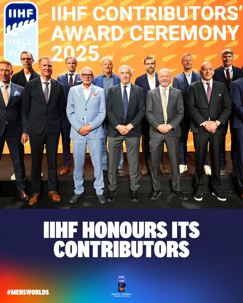 The IIHF honoured four men and two teams this morning at its annual Contributors’ Awards in downtown Stockholm. 🙌 

Read more 🔗 iihf.com/en/events/2025…

#IIHF