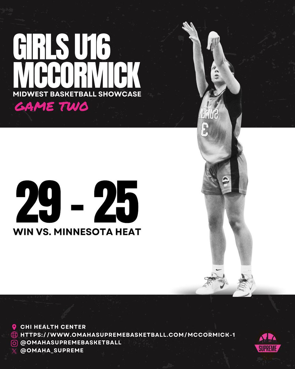 Omaha Supreme Girls U16 McCormick take the W against Minnesota Heat in their second game of the Midwest Basketball Showcase! Way to work, girls! 🔥⛹🏻‍♂️

Team Roster: omahasupremebasketball.com/mccormick-1