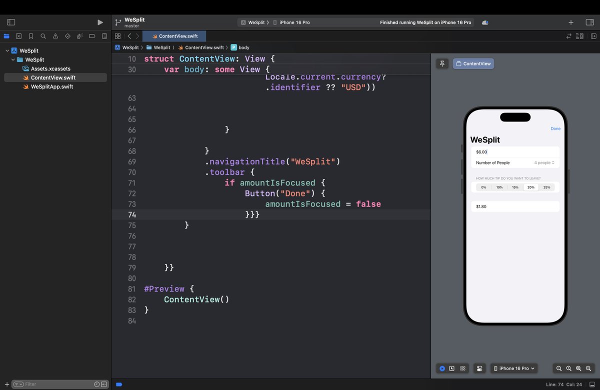 utsav singh (@utsavsingh_) on Twitter photo π Just finished Day 17 of #100DaysOfSwiftUI via <a href="/twostraws/">Paul Hudson</a>!
Learned:
βοΈ TextField input
ποΈ Pickers in forms
π Segmented control for tips
π° Calculating total per person
β¨οΈ Hiding the keyboard
Check it out π hackingwithswift.com/100/swiftui/17
#SwiftLang #iOSDev π Just finished Day 17 of #100DaysOfSwiftUI via <a href="/twostraws/">Paul Hudson</a>!
Learned:
βοΈ TextField input
ποΈ Pickers in forms
π Segmented control for tips
π° Calculating total per person
β¨οΈ Hiding the keyboard
Check it out π hackingwithswift.com/100/swiftui/17
#SwiftLang #iOSDev