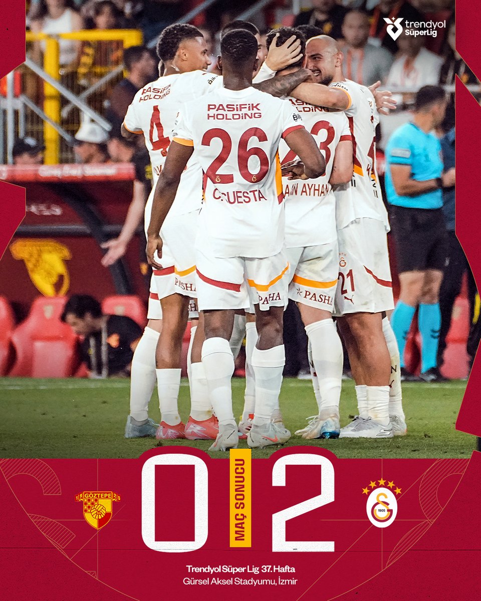 3 Puan Şampiyonun!
Maç Sonucu:
Göztepe 0-2 Galatasaray

Goller:
Kaan Ayhan 70'
Alvaro Morata90+1'

Günay, Sanchez, Cuesta, Frankowski, Jakobs, Kaan, Berkan, Kerem, Ahmet, Mertens, Morata, Eren, Eyüp, Jelert, Yusuf, Metehan, Arda.
Okan Buruk