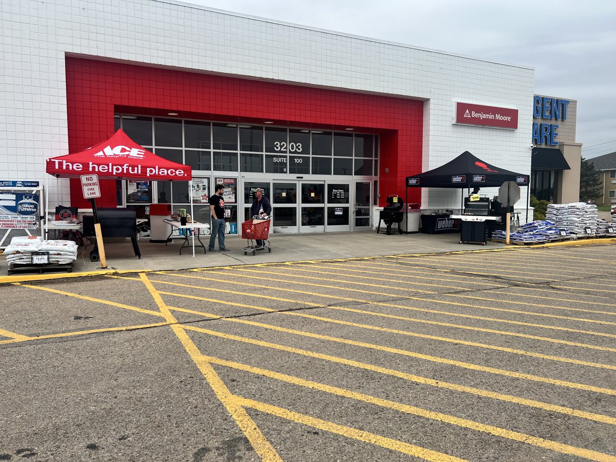 Join Emily, Kevin, and Justin from WEBER grilling until 1pm Saturday! Stop by to sample our delicious offerings 🔥🍴 #GrillingFun #AceHardware