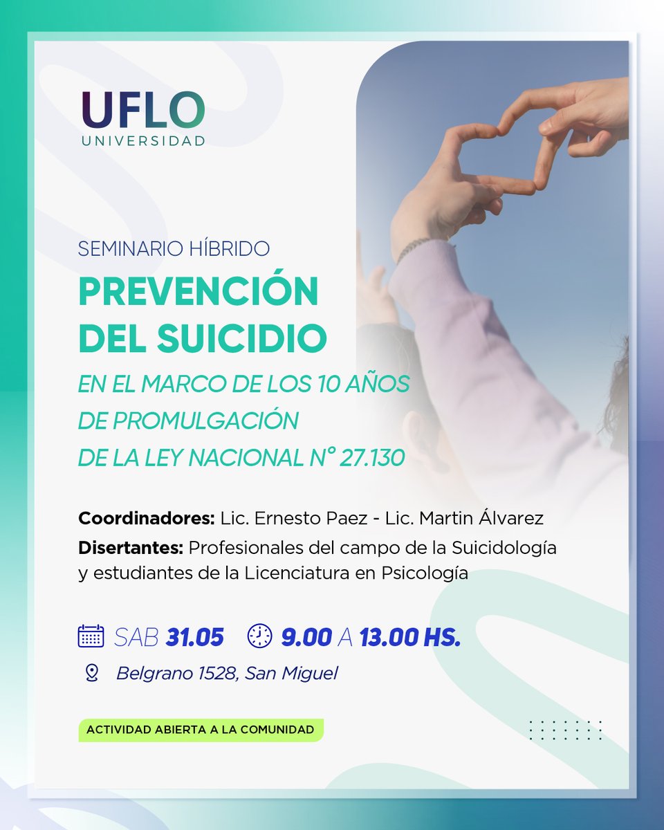 🧠 Seminario híbrido sobre prevención del suicidio, a 10 años de la Ley 27.130.
📅 Sáb 31/5 | 9 a 13 h
📌 Presentaciones de estudiantes y profesionales, y del libro "Cruzaron la línea (in)visible".
📲 Inscripción gratuita: tinyurl.com/5n6je2fa 
#SaludMental #UFLO
