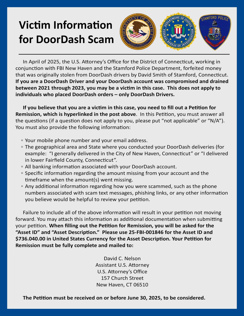 FBI New Haven (@fbinewhaven) on Twitter photo DoorDash Drivers, was your account compromised and emptied between 2021 through 2023? The <a href="/USAO_CT/">U.S. Attorney CT</a> is requesting victims in this matter to come forward.
See below for additional info and instructions on how to complete the form:
ow.ly/NXah50VRXGS.
ow.ly/Og4E50VRXGR. DoorDash Drivers, was your account compromised and emptied between 2021 through 2023? The <a href="/USAO_CT/">U.S. Attorney CT</a> is requesting victims in this matter to come forward.
See below for additional info and instructions on how to complete the form:
ow.ly/NXah50VRXGS.
ow.ly/Og4E50VRXGR.