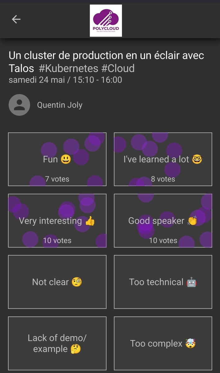 Merci PolyCloud pour cette organisation ! C'était vraiment incroyable 💪 

J'étais trop content de pouvoir donner la v2 de mon talk sur #Talos ! Merci également pour vos retours 😊