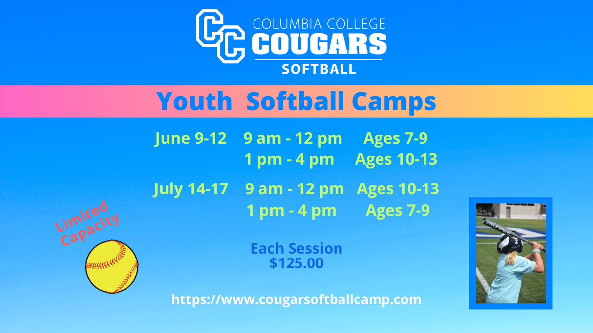 Columbia_SB's tweet photo. CC Youth Softball camp is two weeks away.  Sign up to be a part of our fun camp!  https://t.co/PBFWe6PFUi https://t.co/L3SBY6ck3O