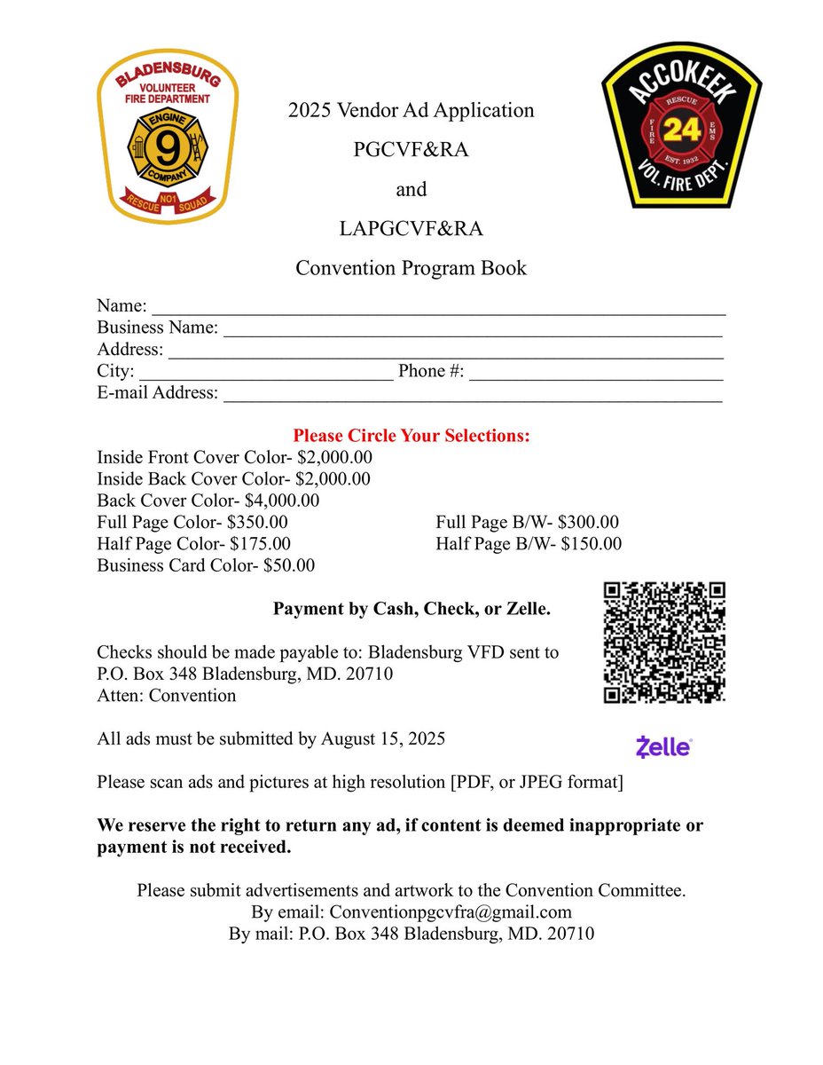 Please consider showing your support for the Volunteer Fire Departments in Prince George's County with an ad in our 2025 Convention book. It is a great way to advertise your business and support your local Volunteers.