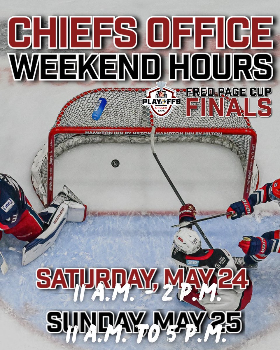 Chiefs Office Weekend Hours!

Saturday, May 24th, 11 a.m. to 2 p.m.
Sunday, May 25th, 11 a.m. to 5 p.m.

Stop by and purchase your tickets for Game 6 of the BCHL Finals!