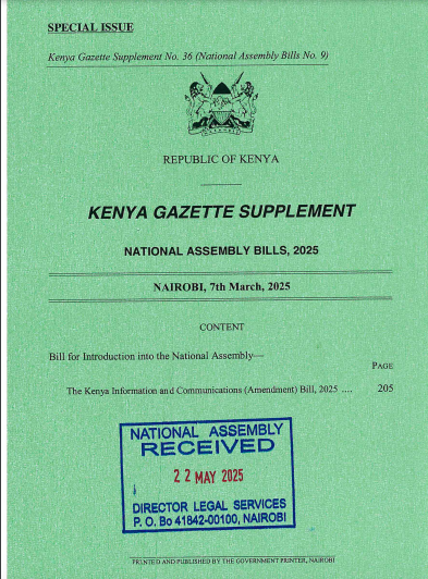 AmbokoJH's tweet photo. The Kenya Information & Communications (Amendment) Bill 2025.

Implications:

· Internet Service Providers will be required to operate meter billing systems which assign to each subscriber a unique meter number for monitoring customer usage
· Internet Service Providers will be required to submit to the Communications Authority, at least once a year,  data from the billing system including each subscriber's meter number 

Sponsor: Aldai MP, Marianne Jebet Kitany