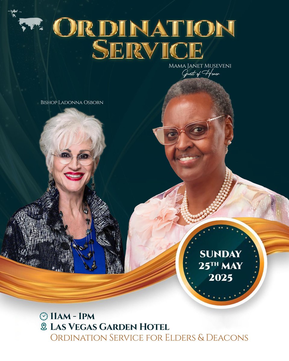 📣 Covenant Nations Church invites you to the Ordination Service for Elders &amp; Deacons!
📅 Sun, May 25, 2025 | 🕚 11AM–1PM
📍 New venue: Las Vegas Garden Hotel, Bbunga
🎖️ H.E. Mama Janet Museveni
🔥 Bishop LaDonna Osborn
#CNCUganda #Ordination2025