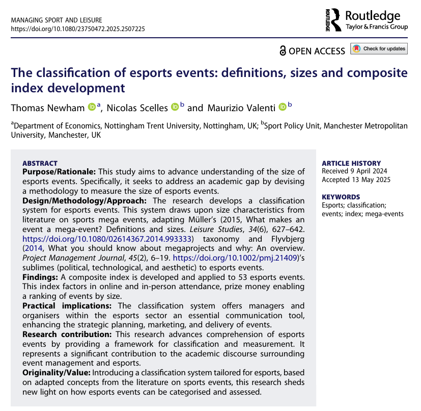 DrSethJenny's tweet photo. New citation of our #esports research:
The Classification of Esports Events: Definitions, Sizes and Composite Index Development
*Esports Event Composite Index:*
- Giga
- Mega
- Major
- Minor
#EsportsEvents #EsportsVenues #EsportsDefinitions
Full text: https://t.co/hiMD8d3Mcd https://t.co/89wrT73UtG