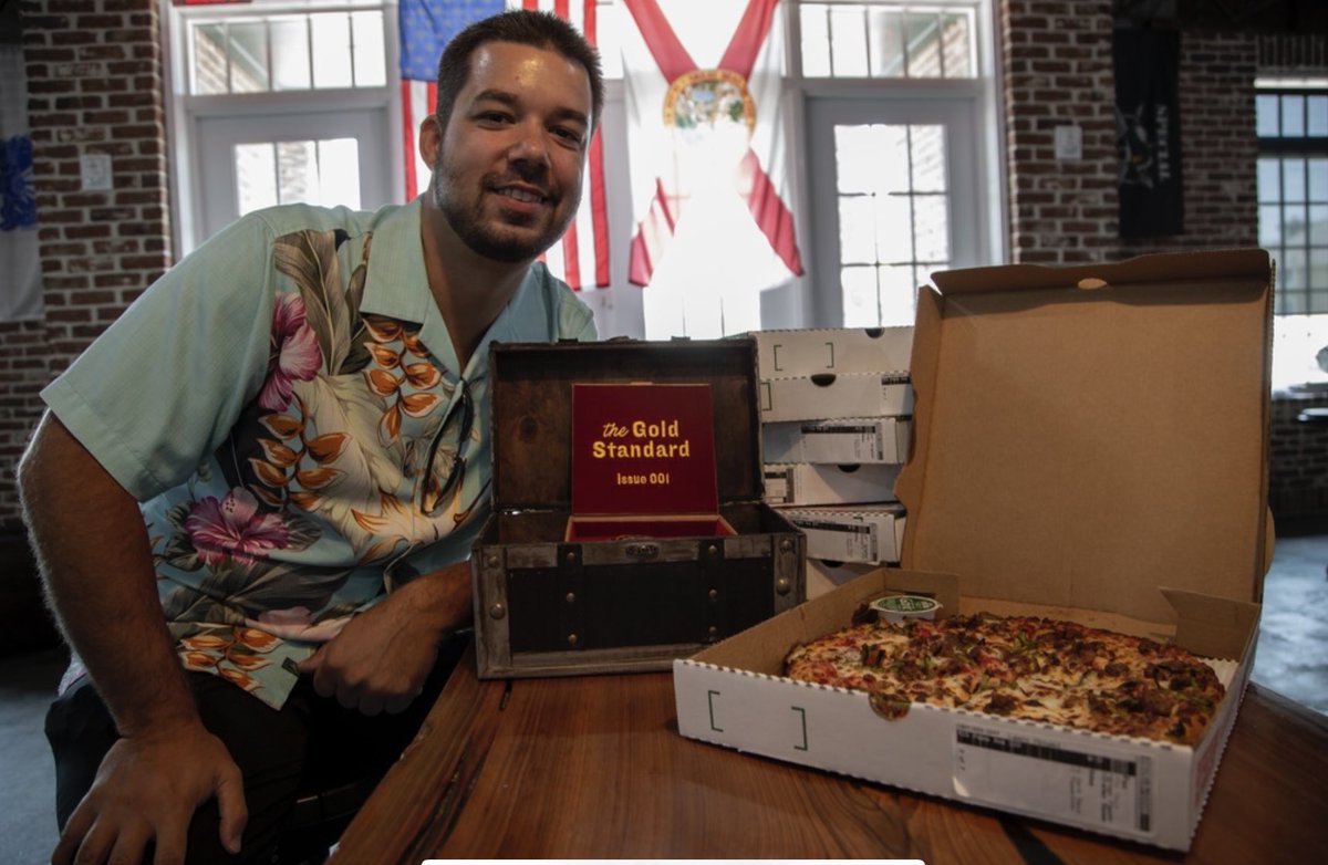 CaraVanCleave's tweet photo. Still one of my favorite moments in my career to give Laszlo the golden pepperoncini for #BitcoinPizzaDay @PapaJohns @MackeyLeah https://t.co/AR0pKiLRzR