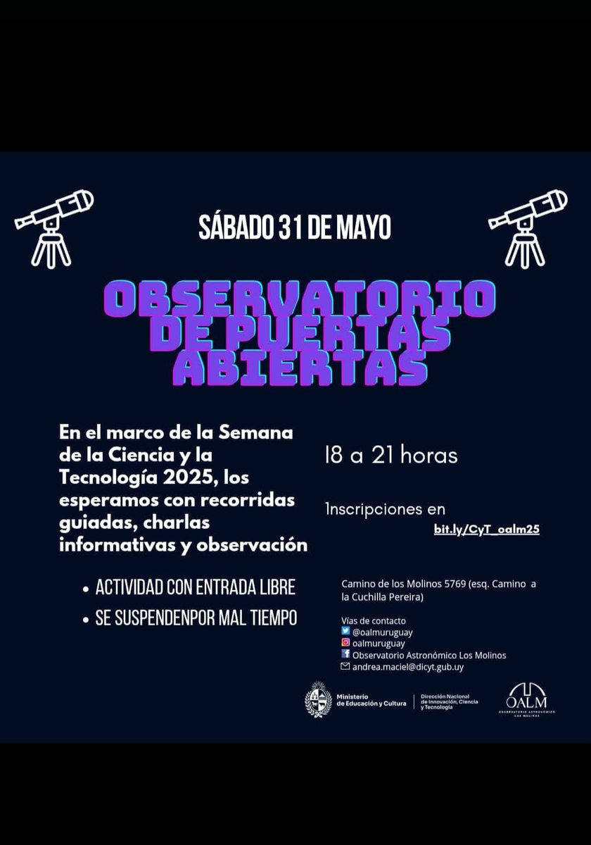 Feliz Aniversario Observatorio Astronómico  Los Molinos. 24/5/1994-2025
<a href="/MEC_Uruguay/">Ministerio de Educación y Cultura</a> <a href="/dicytmec/">Dirección de Innovación, Ciencia y Tecnología MEC</a> <a href="/FcienUdelar/">Facultad de Ciencias</a> Dani, Andrea  y ayudantes de <a href="/oalmuruguay/">OALM</a>