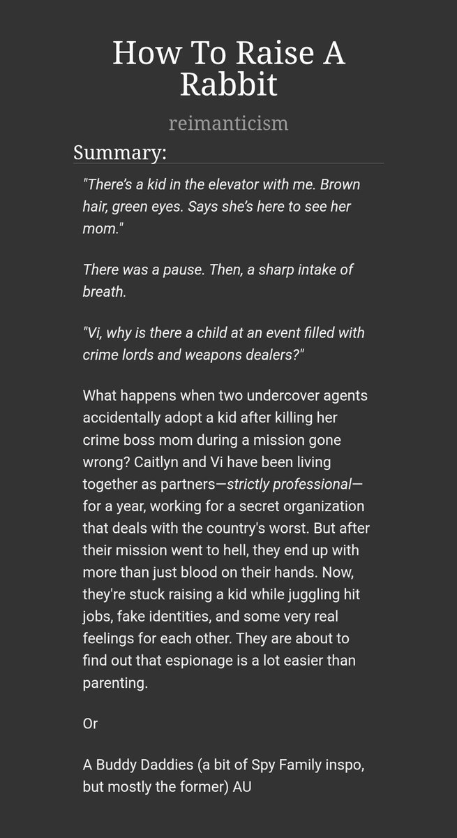 reimanticism's tweet image. i'm just gonna drop this here 😶🌫️
How to raise a rabbit aka a spy/assassin found family au (it's currently on-going)
archiveofourown.org/works/63612586