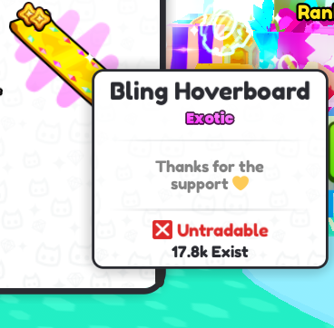 🧩 Just found out!! 🧩

Breathtaking Bling Hoverboard in Pet Sim 99! ✨ Exotic, untradeable, and absolutely gorgeous—thanks for the support @buildintobiggames &amp; <a href="/roblox/">Roblox</a>! 💛 

#PetSimulator99 #BlingHoverboard #p2w

🧩 #Amen