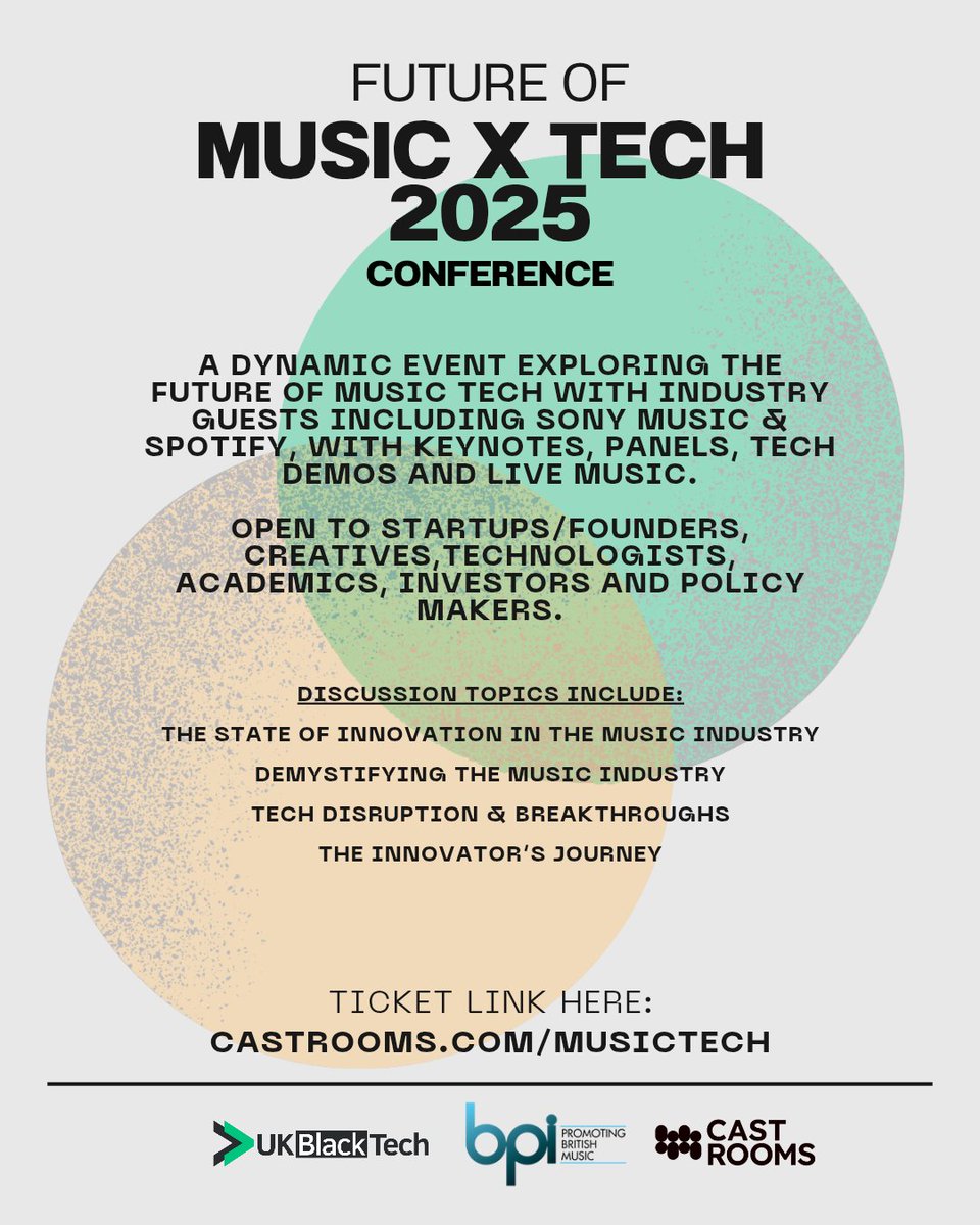 UKBlackTech (@ukblacktech) on Twitter photo 📢Event: <a href="/UKBlackTech/">UKBlackTech</a> x <a href="/bpi_music/">BPI</a> x @CastRooms
On June 9th we’re teaming up to spotlight the evolution of music tech - expect cutting-edge demos, industry panels, live music, food and networking at <a href="/UniofBradford/">University of Bradford</a>
Link here to join us: lnkd.in/dYK5FXui 📢Event: <a href="/UKBlackTech/">UKBlackTech</a> x <a href="/bpi_music/">BPI</a> x @CastRooms
On June 9th we’re teaming up to spotlight the evolution of music tech - expect cutting-edge demos, industry panels, live music, food and networking at <a href="/UniofBradford/">University of Bradford</a>
Link here to join us: lnkd.in/dYK5FXui