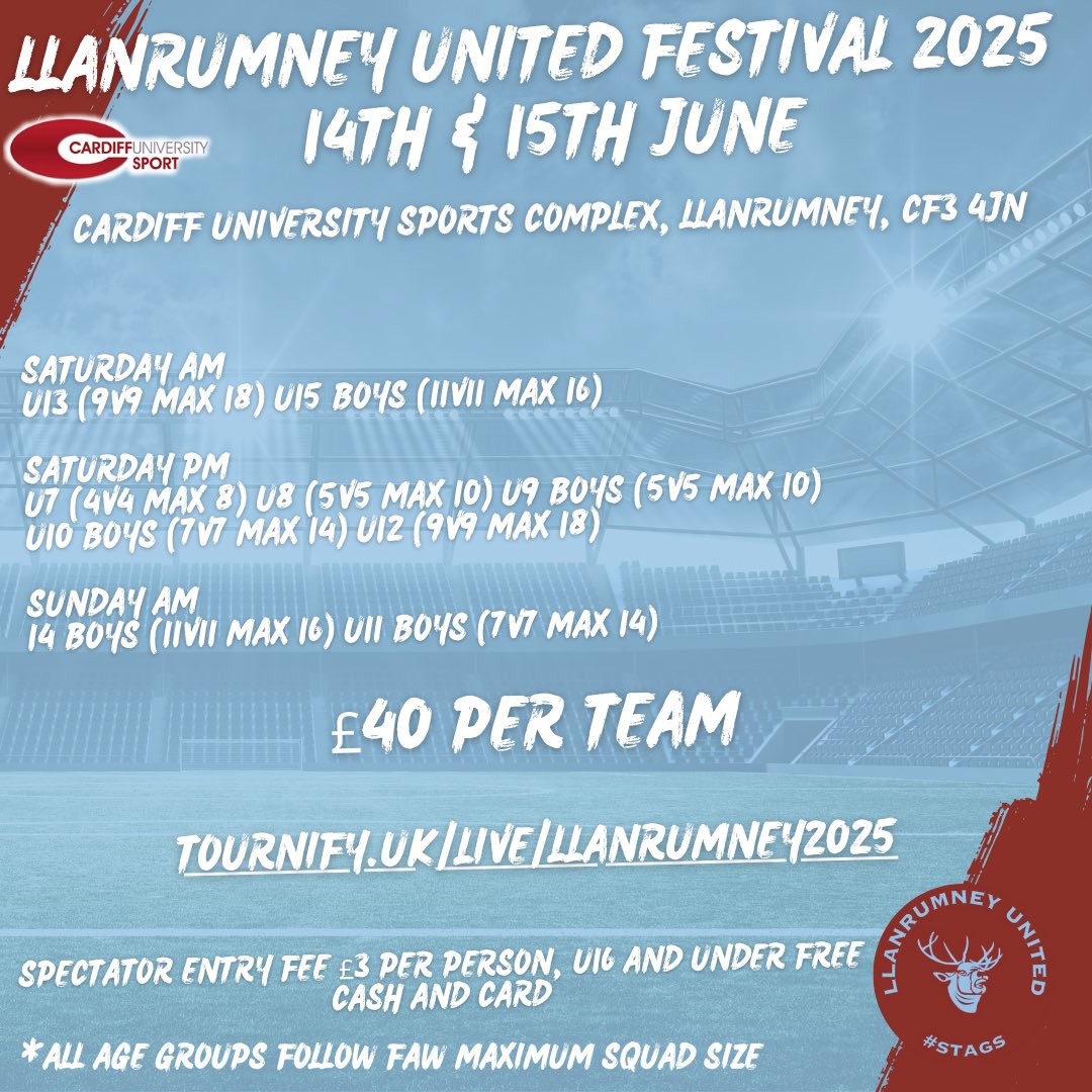Llanrumney United Festival 2025 - fully 3G event. Medals for all, trophies for all competitive groups. Full size games and squads for U12 up. 

Stalls, entertainment and a good weekend all round ⚽️

Book here ⬇️

tournifyapp.com/live/llanrumne…

U7 - space
U8 - space
U9 - limited space
