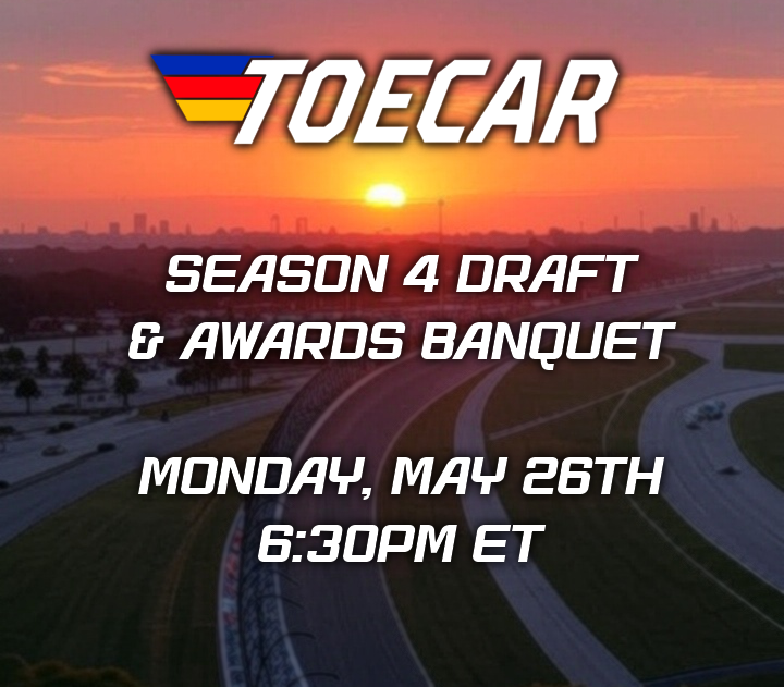 TOECARNews's tweet photo. ITS TIME 🗣️🗣️🗣️

Tune in at 6:30pm ET on Monday to see the 12 new drivers for season 4, our award recipients for season 3, and more! https://t.co/CBUCTlS3J3