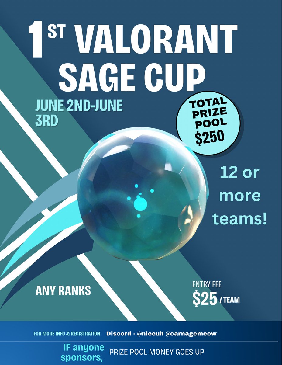 SAGE CUP VALORANT TOURNAMENT

🗓️ June 2nd-June3rd
💸 $25 Entry/Team
💰 Scaling $250 Prize Pool
🫂 All ranks welcomed
Casters &amp; sponsors, dm <a href="/nleeuh/">leah</a> or <a href="/carnagemeow/">carnage</a> if interested! 

Signup below!

Rts &amp; likes appreciated 

Registration closes June 1st @ 12AM EST