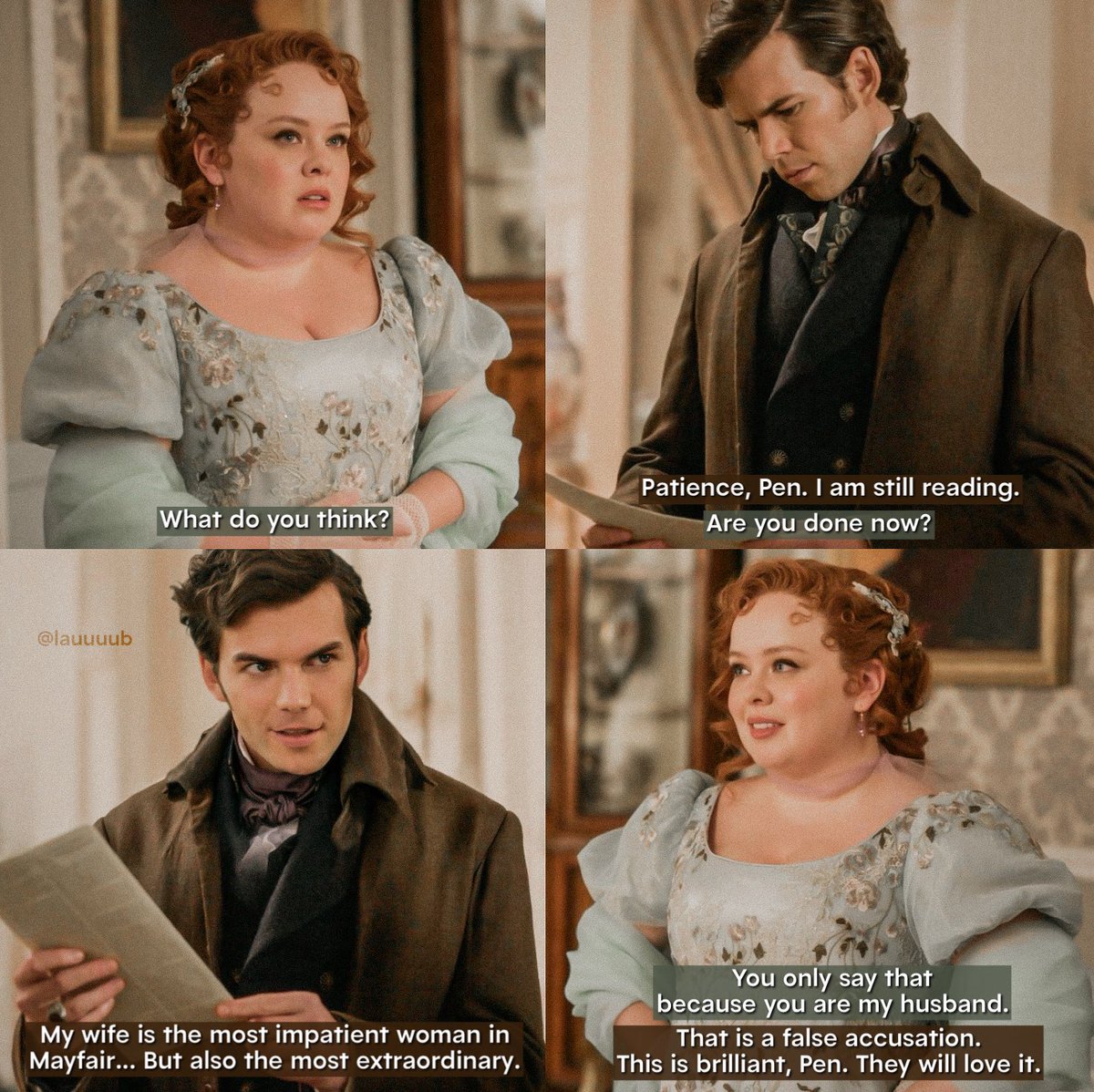 𝑨 𝒔𝒄𝒆𝒏𝒆 𝑰 𝒘𝒊𝒔𝒉 𝒕𝒐 𝒔𝒆𝒆 𝒏𝒆𝒙𝒕 𝒔𝒆𝒂𝒔𝒐𝒏

Pen publishing her first column after the Lady Whistledown reveal and Colin being the best supportive husband to his tiny wife 🥺